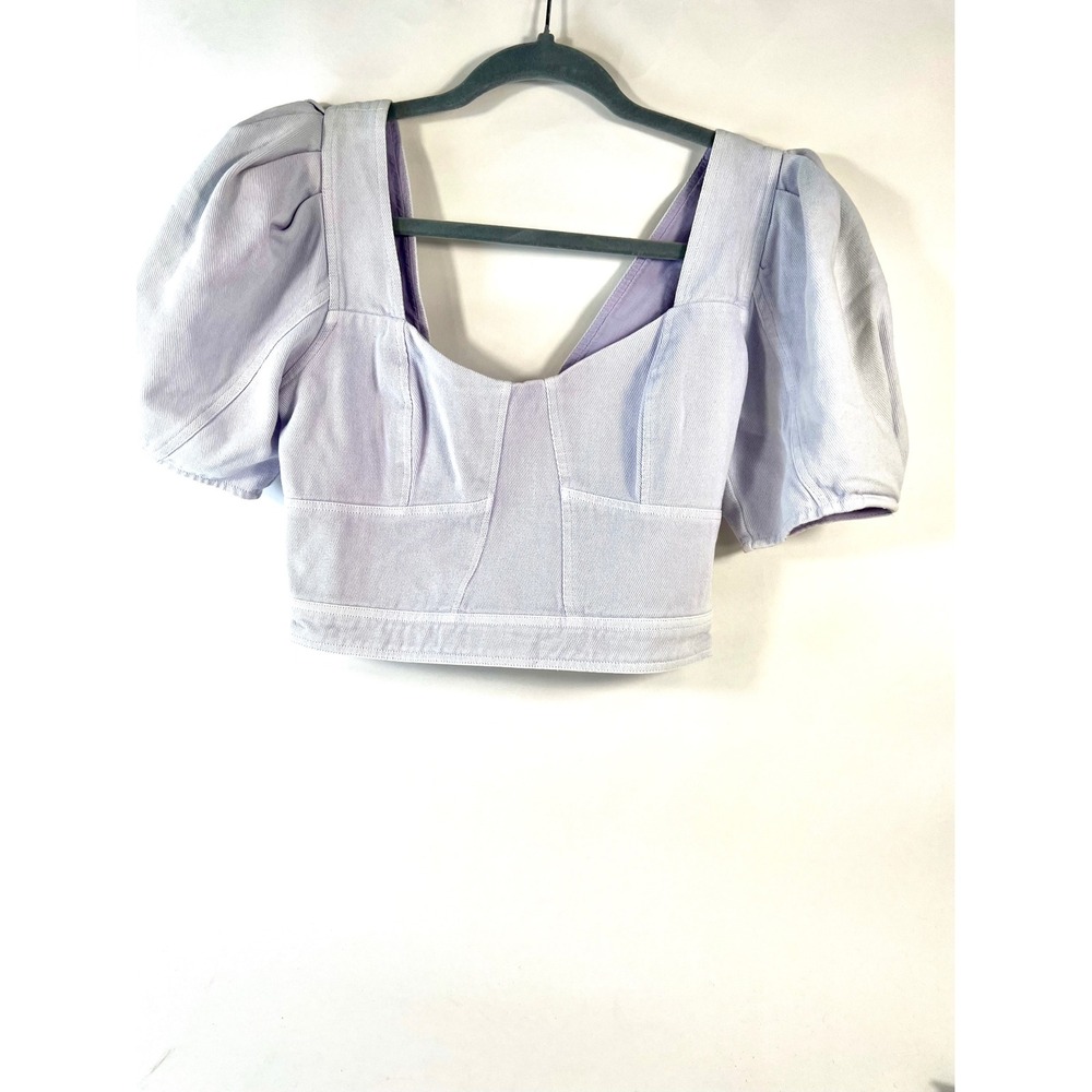 Saltwater Luxe Lilac Puff Sleeve Smocked Back Denim Crop Top XS Purple
